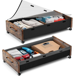 Комод під ліжко на колесах, 2 шт, дерев'яні контейнери для зберігання, великий розмір, органайзер під ліжко, ящики з прозорою кришкою, міцний для одягу (Вінтаж Коричневий)