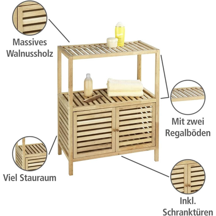 WENKO Stool Norway, warm accentuated square high-quality living stool with clear lacquer seal, natural solid walnut wood, Scandinavian design, 40 x 46 x 30 cm, Natural (shelf with 2 doors)