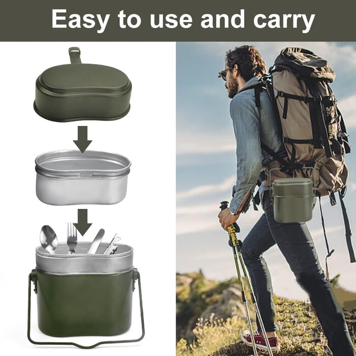 Набір посуду Bundeswehr: термостійкий, для кемпінгу, приготування їжі на відкритому повітрі, з алюмінію, для виживання, армійського користування. Включає столові прибори з відкидним ручками.