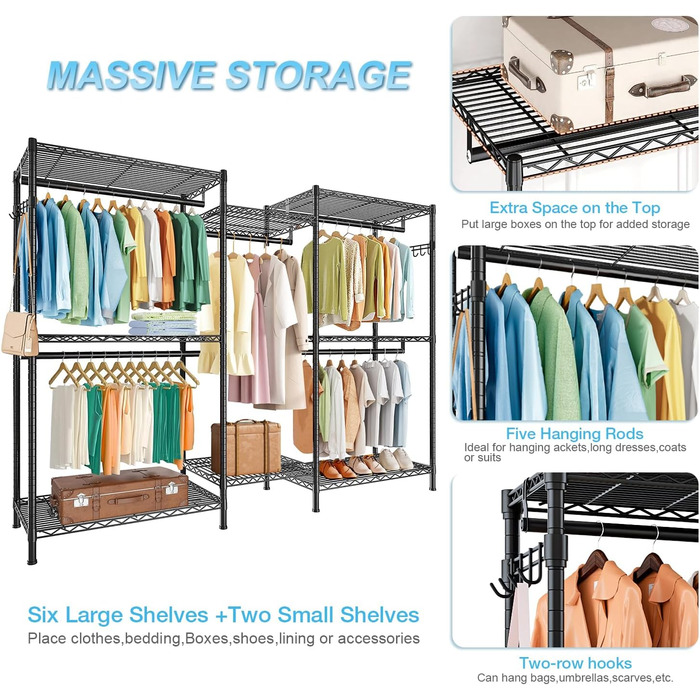 Металева стійка для одягу з гачками, вантажопідйомність до 376 кг, 187 x 44 x 194 см, чорна