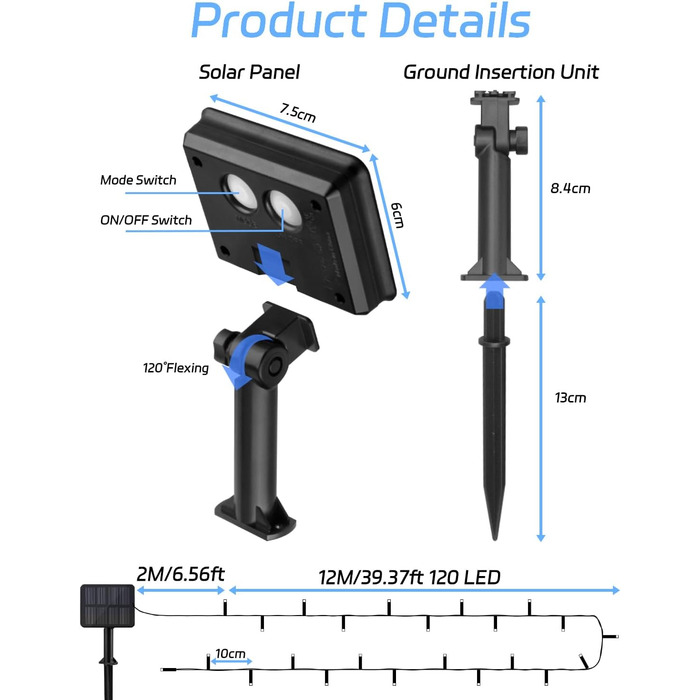 Сонячна гірлянда для зовнішнього використання, 12м, 120 LED, холодне біле світло, 8 режимів. Підходить для декору саду, двору, тераси, весіль. Вологостійка.