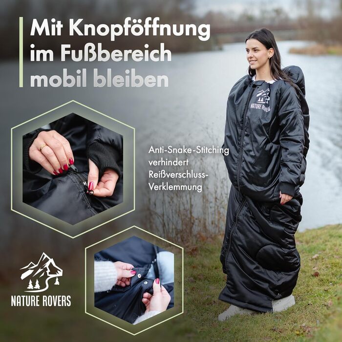 Спальний мішок з рукавами Nature Rovers, чорний, для дорослих, 3 сезони, водонепроникний, з подушкою, 220x80 см