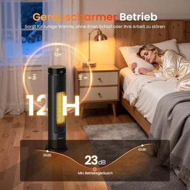 Електричний обігрівач PTC 2000W з керамічним нагрівачем, тихий, з термостатом та пультом керування, ECO режим, 70° осциляція, таймер 12h, захист від перегріву та перекидання, чорний, 1 шт (60 см)