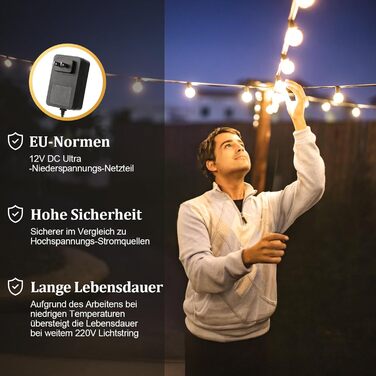 Ланцюжок прикрас LED, 30 метрів, для зовнішнього використання, G40, сад, балкон, тераса, патіо, IP44, з пусковим пристроєм