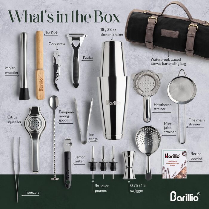 Набір бармена Barillio з золотим шейкером: 17 предметів, сумка для подорожей, вощена тканина - чорний/срібний