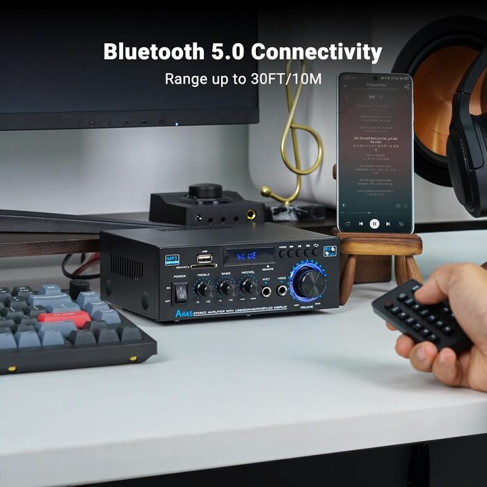 NEOHIPO HiFi-усилювач AK45 Mini, Bluetooth стерео аудіоусилювач 400Вт, 2-канальний, цифровий, з FM-радіо, SD/USB, для дому або авто, чорний