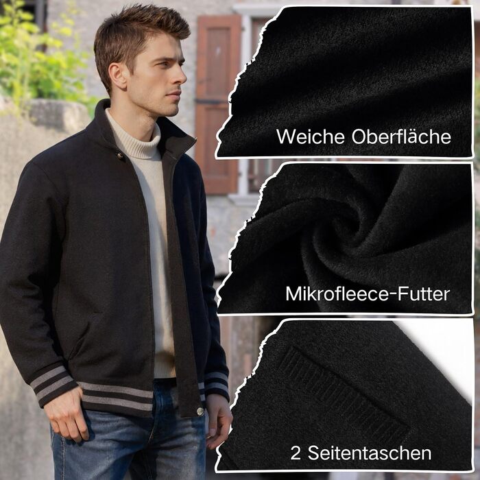Чоловіча в'язана жилетка з кишенями, стійким коміром, флісовою підкладкою, кардиган, повсякденний зимовий одяг, в'язана куртка з блискавкою, теплий зимовий верхній одяг, чорний, L