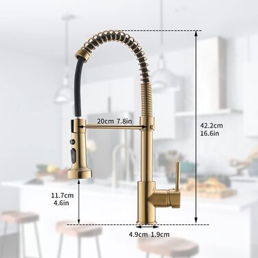 Змішувач для кухні з висувною лійкою, 360° обертання, щіткове золото, одноручний, для кухні