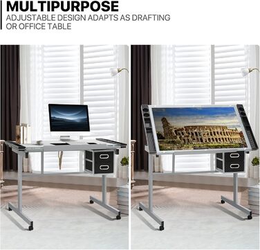 Adjustable Art Desk with Storage - Tiltable Drafting Table with Wheels - Multi-Purpose Craft Station