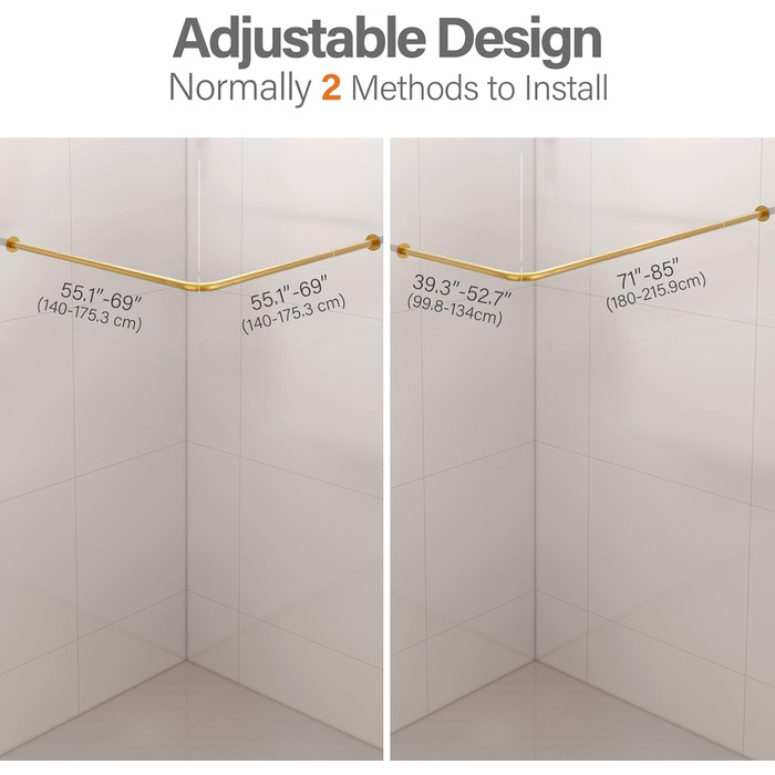 Кутова штанга для душу L-подібної форми, регульована, 90° поворот, з 12 гачками та підставкою для стелі - Золото