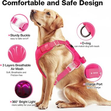 Світловідбиваючий нашийник для собак великих порід з LED-підсвічуванням, акумуляторний, регульований, 3 режими освітлення, висока видимість (Рожевий, Large)