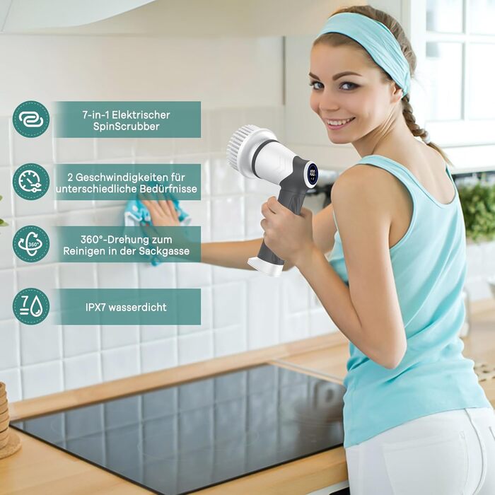 Електрична щітка для прибирання, бездротовий скрубер Power Spin з 7 насадками, 2 швидкості. Ідеально для плитки, душових кабін, скла та ванної кімнати