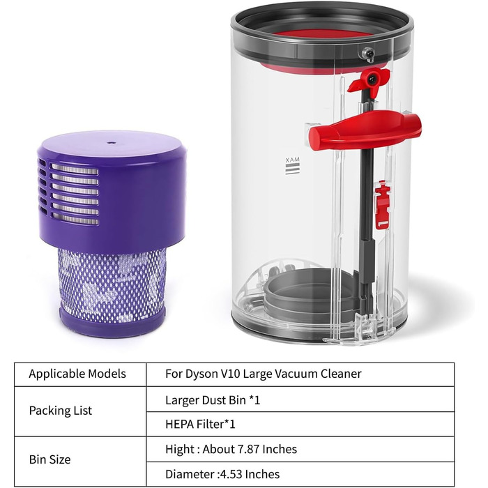 Transparent Dust Collector Bin for Dyson V11, V15, SV14, SV15, SV22 - HEPA Filter Included, Replacement Part & Accessory for Dyson Vacuum Cleaners