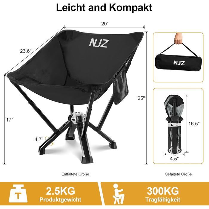 Крісло кемпінгове складне посилене 600lbs (до 272 кг) для пікніка, риболовлі, саду, чорне