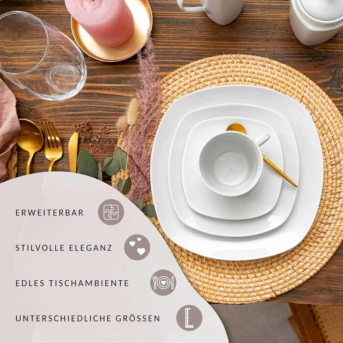 Набір посуду SÄNGER Bilgola, 16 предметів, білий, для 4 осіб. Посуд з порцеляни: тарілки, чашки, миски. Преміум-якість, квадратний дизайн.