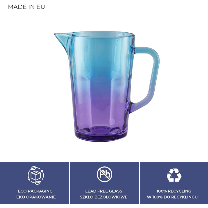 TREND FOR HOME Water Carafe Glass 1 Liter with Comfortable Handle Colorful Water Pitcher 19 cm Glass Jug Blue Purple Glass Pitcher Water Carafe Glass Carafe Pitcher Glass Jug 1l Colorful | Gigi Dreamy Sunset
