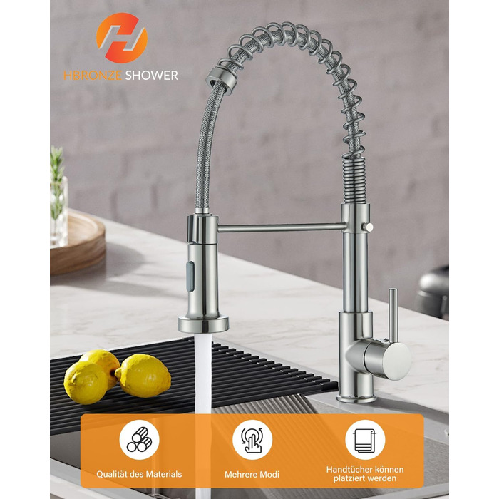 Кран кухонний Hbronzeshower з висувною лійкою, 360° обертання, нержавіюча сталь, щіткований нікель