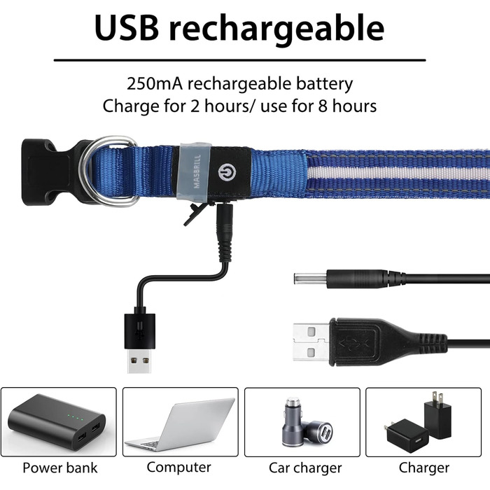 Світловідбиваючий нашийник для собак MASBRILL з LED-підсвічуванням, водонепроникний, 3 режими освітлення, синій