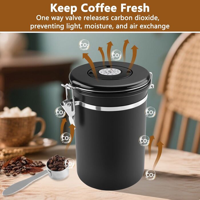 Герметичний контейнер для кави з нержавіючої сталі 304, 1,8 л, з ложкою та індикатором свіжості. Підходить для кави, чаю, горіхів, какао. Чорний колір.