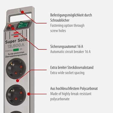 Бренненштуль Super-Solid Мережевий фільтр з вимикачем, 2.5м кабель, ударостійкий полікарбонат, чорний, 5 розеток, з захистом від перенапруги (2 шт. в упаковці)