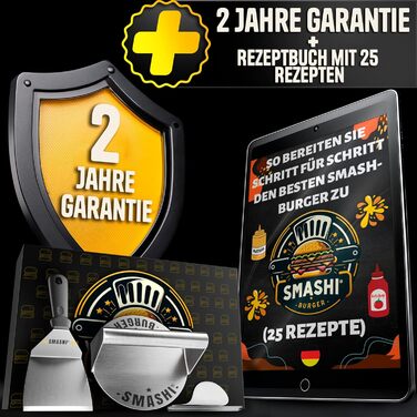 Набір для приготування Smash Burger від SMASHI® з нержавіючої сталі 304 – професійний набір з антипригарною пресом, лопаткою для гриля та дзвоном для бургерів – з рецептами (базовий)