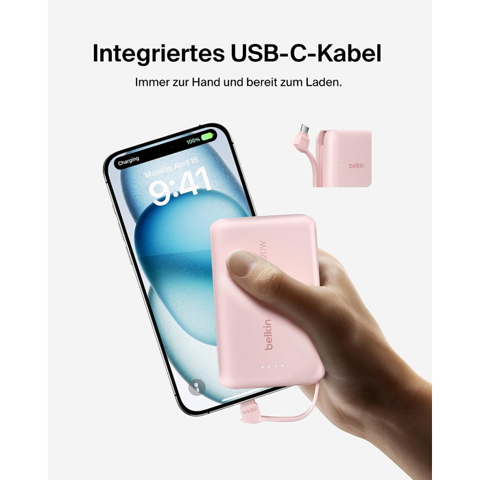 Повербанк Belkin BoostCharge 10000mAh з вбудованим кабелем USB-C, 20W, LED-індикатором, рожевий