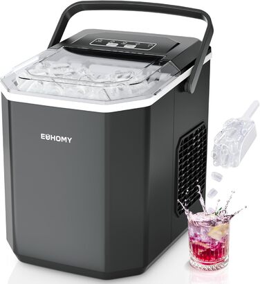 EUHOMY Ice Maker - Countertop Ice Machine, Stainless Steel, 12kg/Day Capacity, 9 Cubes in 6 Minutes, 2 Sizes, for Home, Kitchen, Office, RV - Black