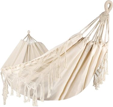 Bellzacasa Large Brazilian Hammock, Fabric Camping Hammock with Portable Bags Ropes for Hanging from Trees Soft Striped Canvas Cotton (Beige)