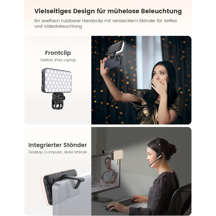 Лампа для селфі з софтбоксом та штативом – перезарядна світлодіодна лампа Clip-Fill з 96 LED, для телефону, iPhone, камери та ноутбука, для макіяжу, TikTok, Vlogs та відеодзвінків