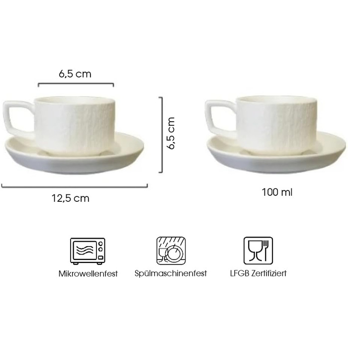 Набір з 4 чашки для еспресо Saumo з підставками, кераміка, 100 мл, чорний колір, сучасний дизайн. Ідеально для еспресо та кавових напоїв вдома, в офісі та на особливих заходах.