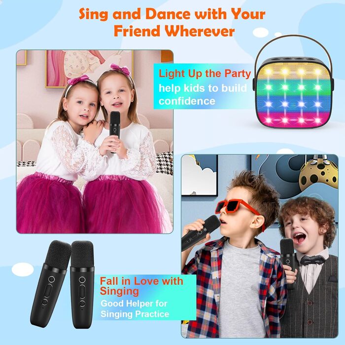 Дитяча караоке-машина з 2 мікрофонами, Bluetooth, світлові ефекти, для дівчаток та хлопчиків 3-12 років