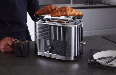 Russell Hobbs Toaster [for 2 slices] Geo Stainless Steel Grey (extra wide toast slots, including bun warmer, 6 browning levels + defrost & reheat function, Quick Toast Technology, 1640W) 25250-56