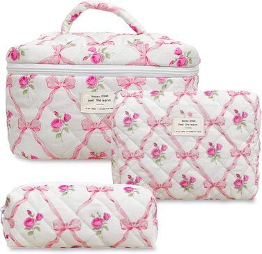 Набір 3 косметичні сумки для подорожей: дамська культбагаж з квітковим візерунком, степенена модель, для макіяжу та косметики, рожевий колір з діамантовою стрічкою