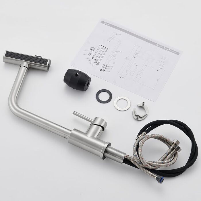 Чорний кухонний змішувач з висувною лійкою, водоспад, високий тиск, 3 режими, 360° поворот, нержавіюча сталь (нікель)