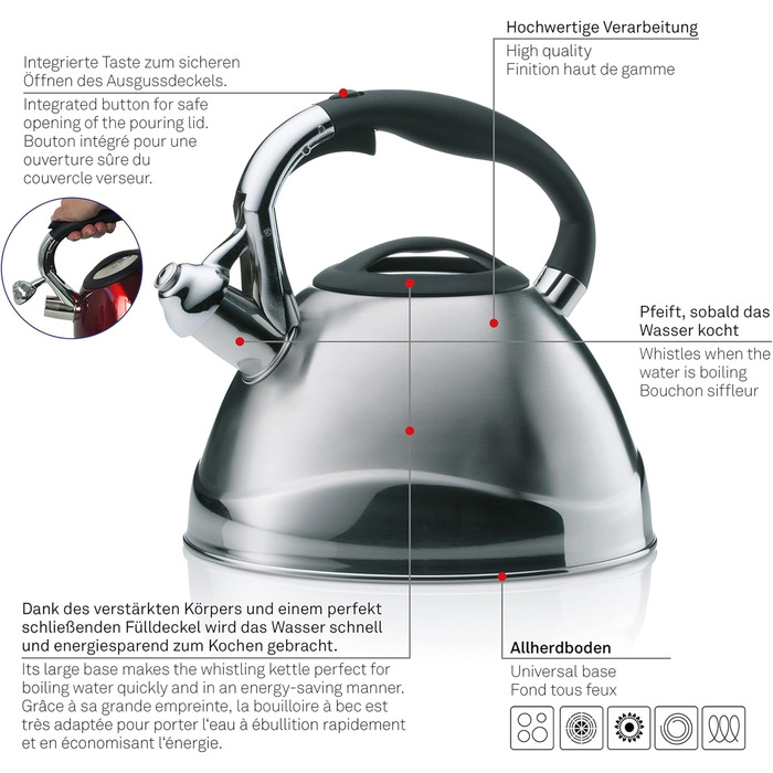 Kela Induction 3 L, Stainless Steel Camping Kettle, with safe pouring spout lid opening via button, VARUS, black gloss black single kettle
