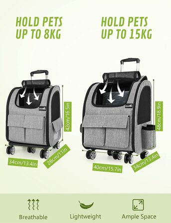 Pecute Rolling Backpack for Dogs and Cats, Dog Trolley Cat Carrier with Mesh Window, Foldable Travel Bag, Lightweight Dog Stroller, Grey