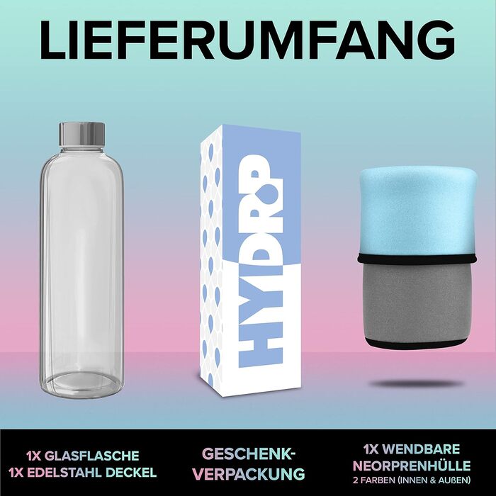 HYDROP® TEST WINNER Glass Bottle 1 Liter with Protective Sleeve - Shatterproof - Drinking Bottle Glass in 1L or 750ml, Suitable for Carbonated Drinks & Leak-Proof - Glass Water Bottle with High-Quality Gift Packaging (Light Gray / Light Blue, 750 ml)