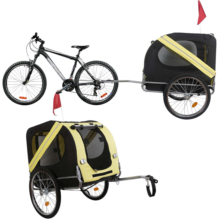 Причіп для собак Wiltec 220x700x78 см з безпечною муфтою, причіп для вантажів з москітною сіткою та захистом від дощу (чорний / жовтий)