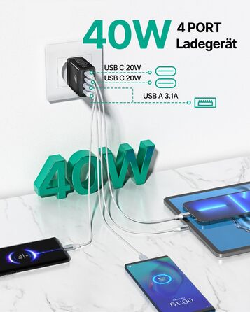 Зарядний пристрій Aioneus USB-C 40W, 4 порти PD 3.0 + QC USB-A, швидка зарядка для iPhone 15 Pro Max, Samsung та інших смартфонів - Чорний