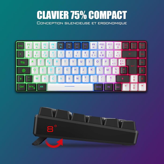 RedThunder K84 Combo: Бездротова клавіатура та миша USB, AZERTY (французька), 75% TKL, 3200 DPI (білий/чорний)