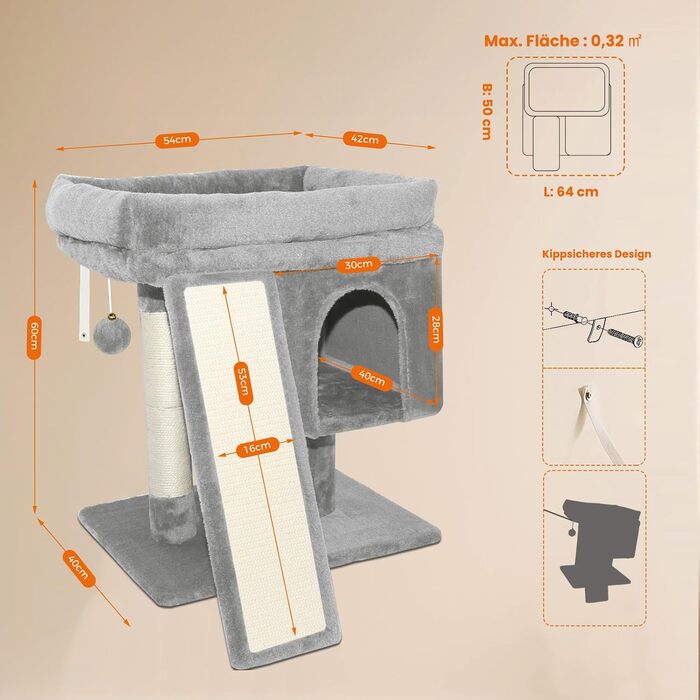 Дряпальня для котів великих порід, 60 см, сірий, з платформою, сизаль, пандус, будиночок, м'ячики, щітка