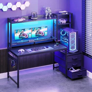 Ігровий стіл Coleshome з полицею та шухлядами, 137×48 см. Стіл для геймінгу з LED-підсвічуванням та розеткою, комп'ютерний стіл з місцями для зберігання та підставкою для монітора (Carbon Fiber Black, 120×48 см)