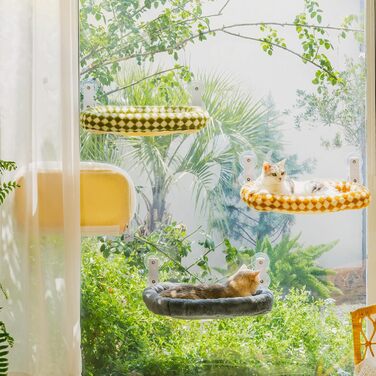 EWOOFUN Large Cat Hammock Window Perch - Removable Thick Cover - Foldable, Stable, 4 Strong Suction Cups, Holds 18kg (White), (Camel, M)