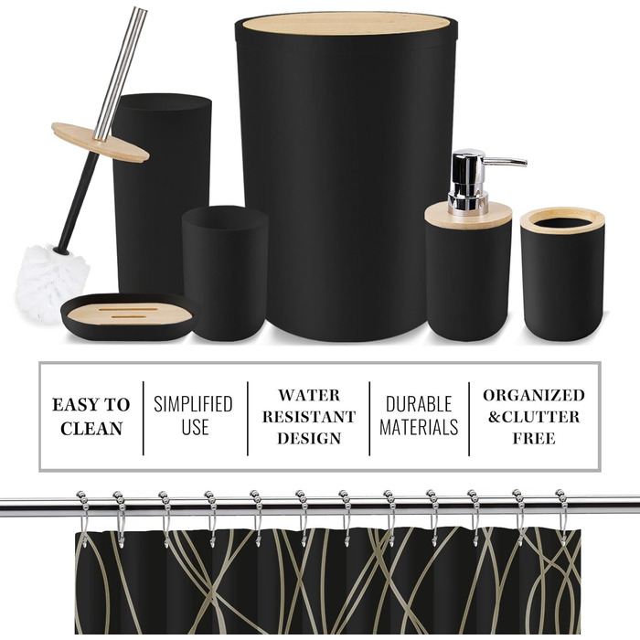 Набір аксесуарів для ванної кімнати Britimes, чорний: шторка для душу, відро, дозатор мила, тримач для унітазу, тримач для зубних щіток та стаканчик для зубних щіток