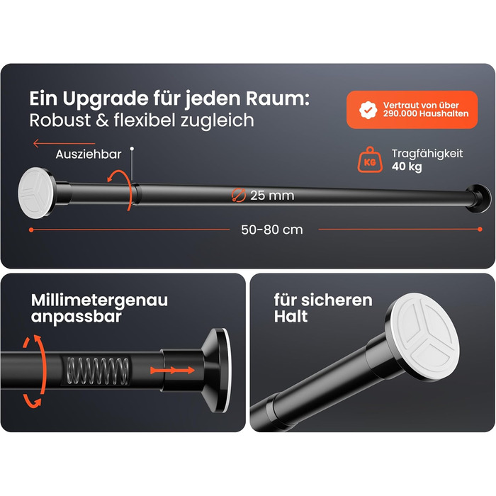 Штанга для душу без свердління 160-210 см, срібна, Ø 25 мм, телескопічна, з кріпленнями. Підходить для ванної, душу та перегородки. Телескопічна штанга для вікна 50-80 см, матовий чорний
