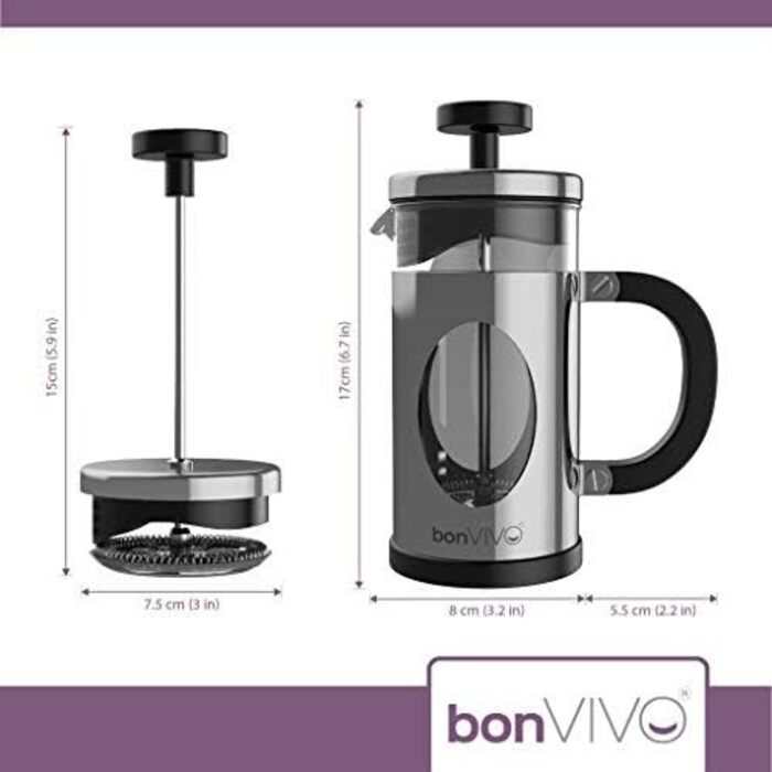 bonVIVO GAZETARO - Френч-прес для кави, 3 чашки, скло, нержавіюча сталь, сріблястий