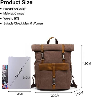 Рюкзак FANDARE Rolltop з відділенням для ноутбука 15.6 дюймів, зелений (коричневий), для роботи, подорожей, школи