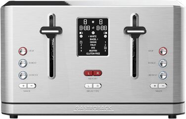 Тостер GASTROBACK 42396 Digital 4-слайсовий, 950 Вт, нерж. сталь, LCD-дисплей, 7 режимів, підставка для булочок, сріблястий