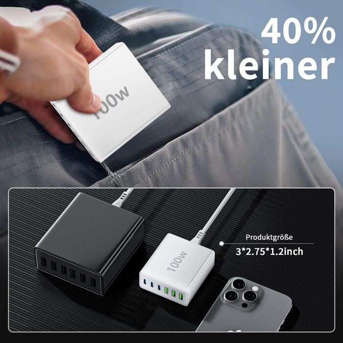 Мережевий зарядний пристрій HSSNS USB-C з 6 портами, 100W, для iPad, iPhone та смартфонів