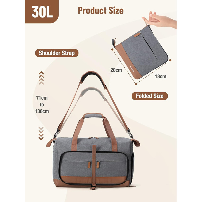 Спортивна сумка Lekesky 30L сірого кольору: туристична, для подорожей, з відділенням для взуття, валіза ручної поклажі Easyjet, водонепроникна